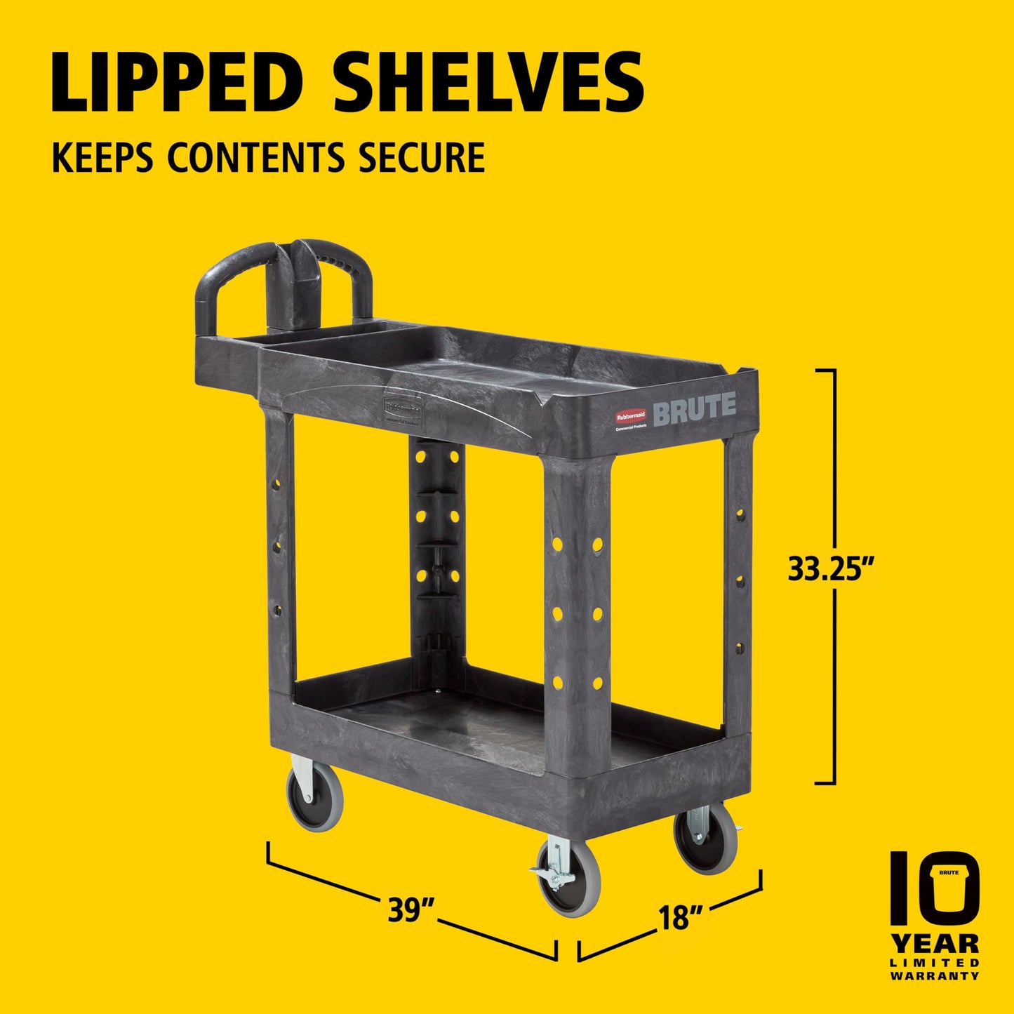 Rubbermaid Commercial Products 2-Shelf Utility/Service Cart, Small, Lipped Shelves, Ergonomic Handle, 500 lbs. Capacity, for Warehouse/Garage/Cleaning/Manufacturing