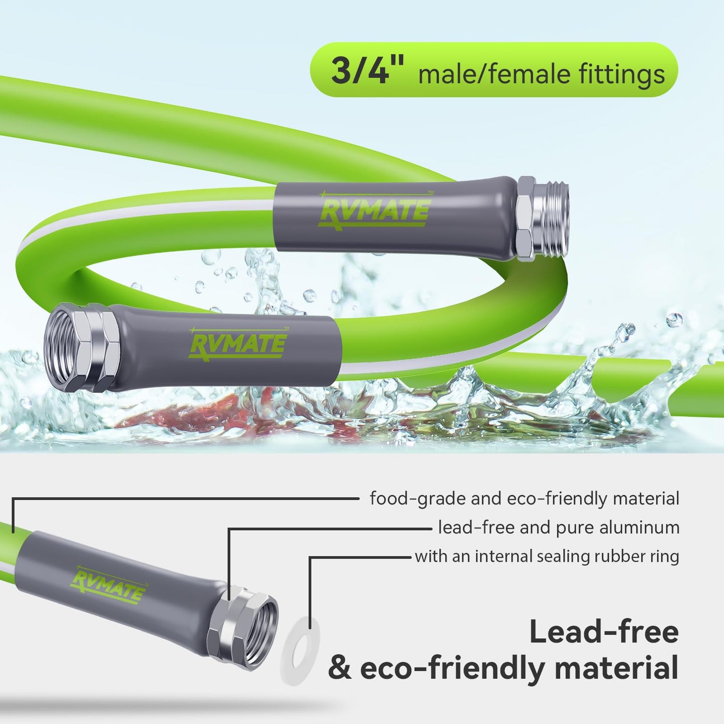 RVMATE RV Water Hose 25FT, 5/8” Inner Diameter Drinking Water Hose Lead-free, No Leaking Garden Hose For RV/Trailer/Camping, RV Accessories