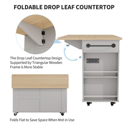 IDEALHOUSE Rolling Kitchen Island with Drop Leaf Countertop, Charging Station & Ample Storage - 47.2" Mobile Kitchen Cart On Wheels with Pull-Out Shelves, Drawers, Spice Rack & Organizer Divider