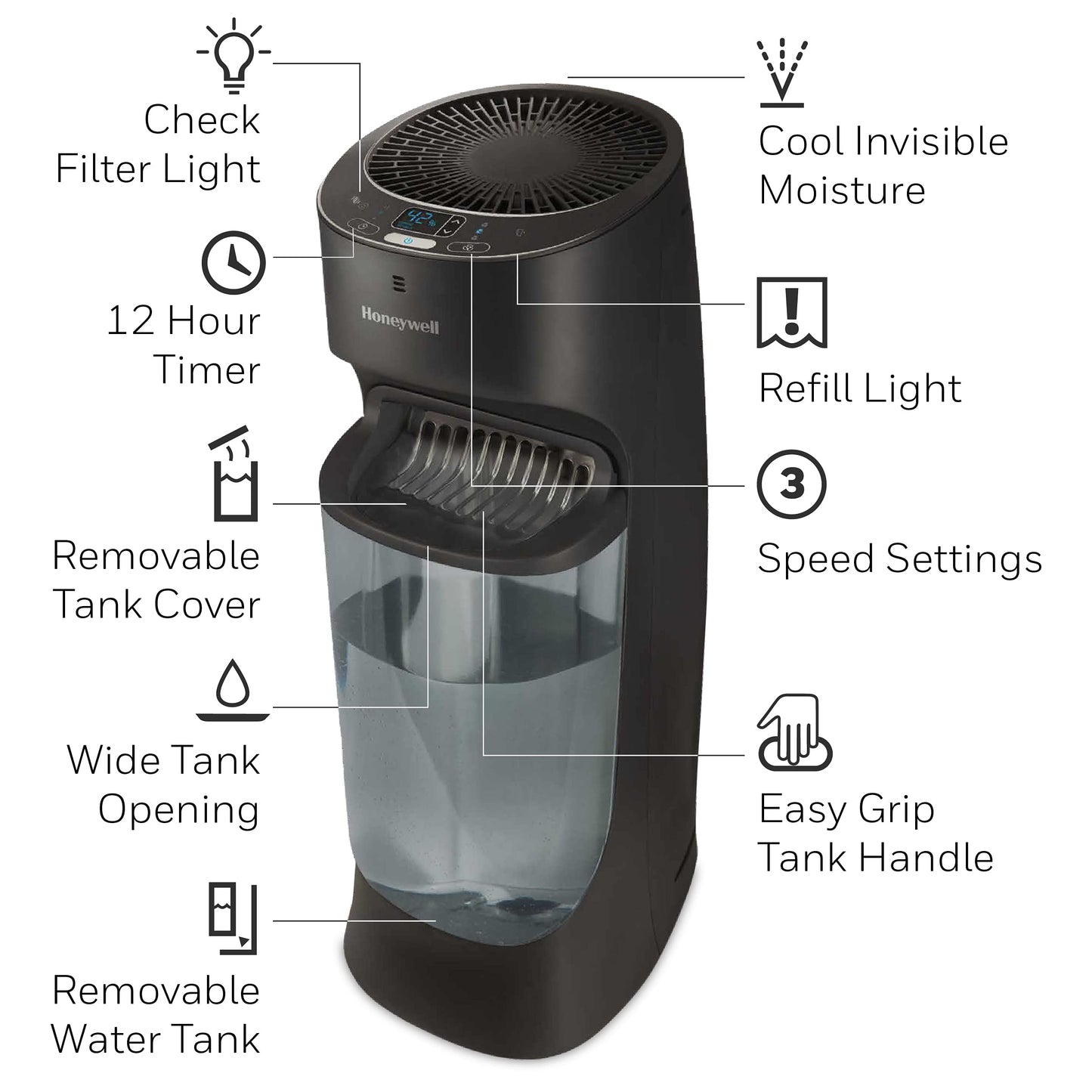 Honeywell Top Fill Tower Humidifier, Digital Humidistat, Black – Cool Mist Humidifiers for Bedroom, Home or Office with Space-Saving Tower Design