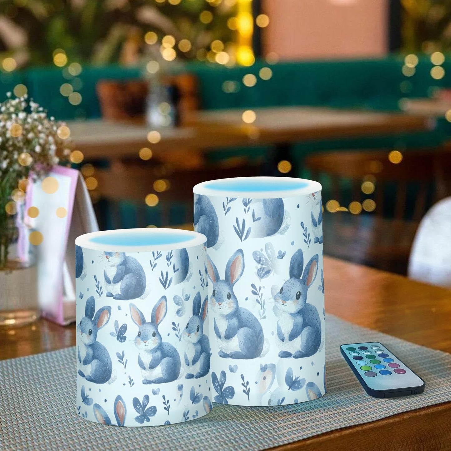 zyrtty Easter 2 Pack Plastic Flameless Candles Blue Bunny Floral Pattern Battery Operated with Remote and Timer Real Wax LED Flickering Pillar Candles Set Window Decor