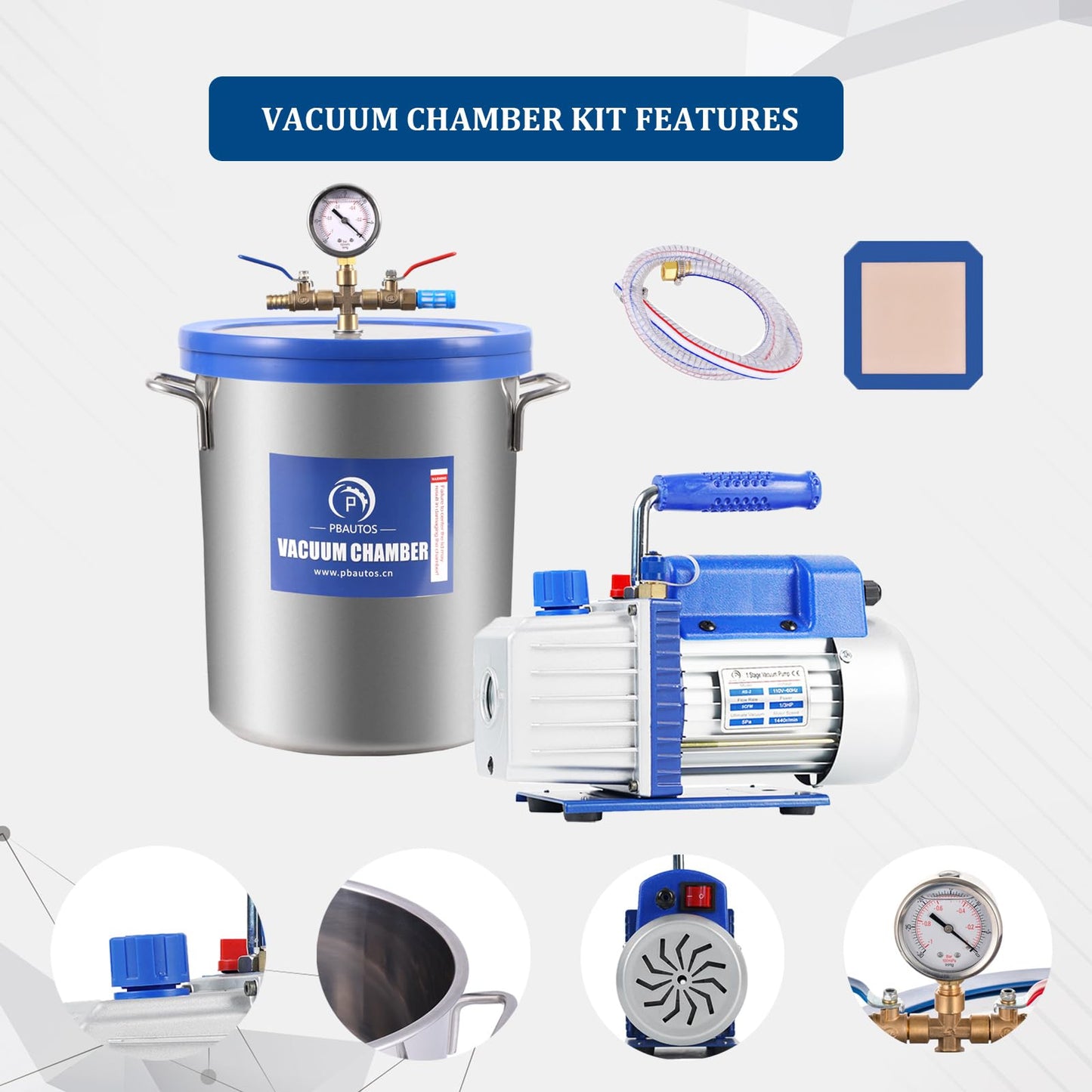 P PBAUTOS 9 Gallon Tempered Glass Vacuum Chamber with Two Rubber Seals, 33L Degassing Chamber Kit with 5 CFM 1/3HP Single Stage Vacuum Pump Without Oil, Perfect for Stabilizing Wood