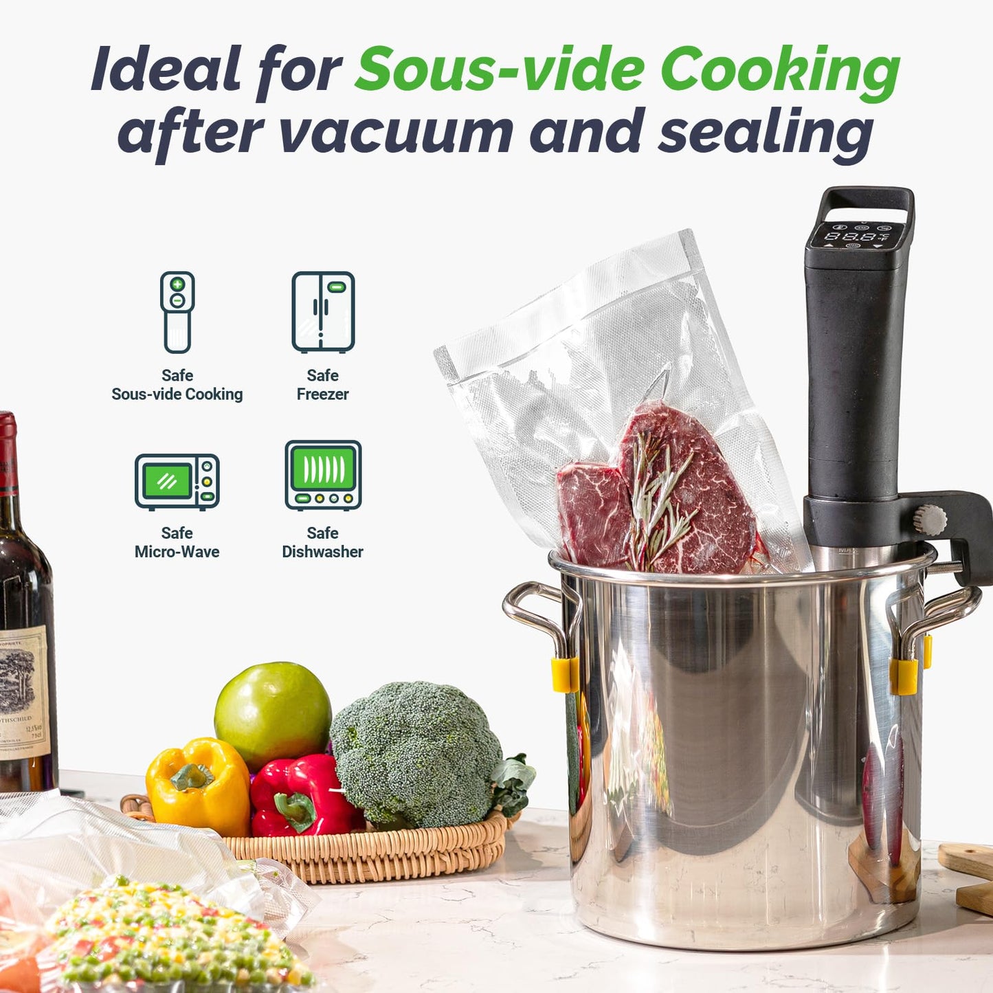 GERYON Vacuum Sealer Bags for All Food Vacuum Sealer Machine, 2 Pack 8" x 16' Vac Sealer Rolls, Commercial Grade BPA-Free Material for Sous Vide & Saver Storage
