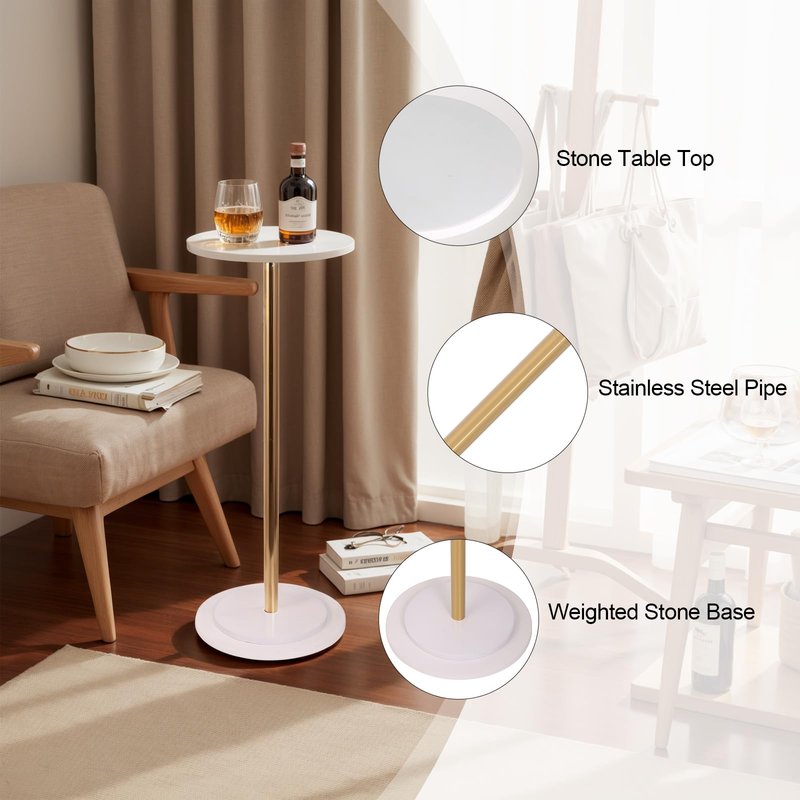 OIKASSU Premium Stone Round Drink Table,Heavy Duty Stone Base Top Pedestal,Cocktail Accent End Table for Living Room,Waterproof, Weighted Base Small Accent Side Table for Small Space Office,White