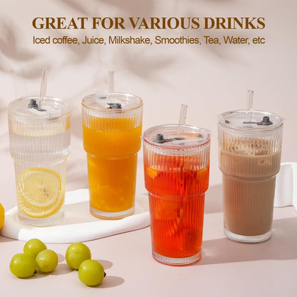 LUXULISH 20Oz Ribbed Glass Tumblers with Lids and Straws, Vintage Glass Cups Thickened Drinking Glasses Set of 4, Ideal for Iced Coffee, Smoothies, Cocktails, Matcha and Juices