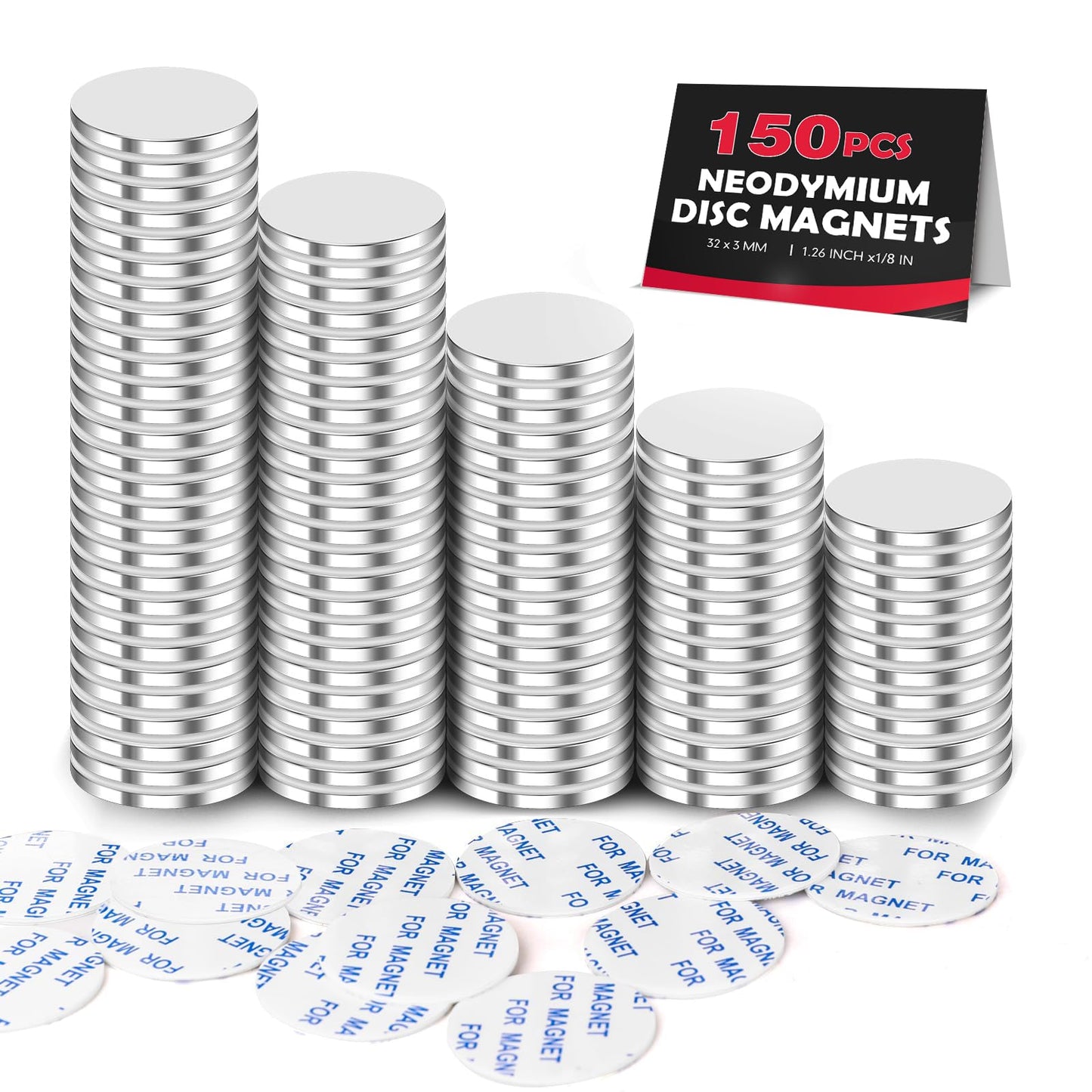 LOVIMAG Super Strong Neodymium Disc Magnets, Powerful Rare Earth Magnets with Double-Sided Adhesive for Fridge, DIY, Building, Scientific, Craft, and Office - 1.26 inch x 1/8 inch, Pack of 150