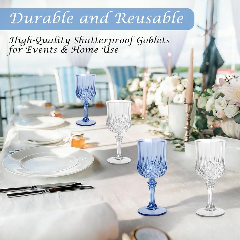 AmeLeis Plastic Wine Glasses Set of 24, 7.7 oz Reusable Plastic Goblets, Hard Plastic Stemware for Wedding, Party, Events, Elegant Shatterproof Drinking Glasses, Clear