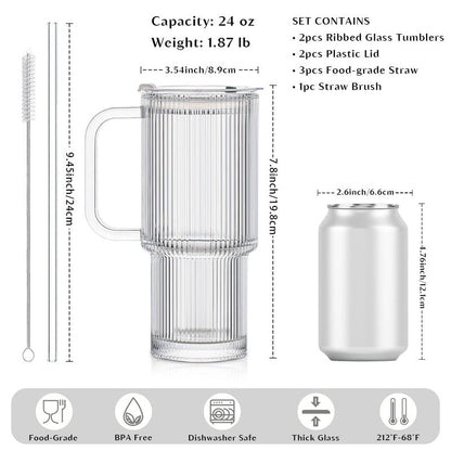 INSETLAN 24oz Ribbed Glass Tumbler with Handle & Lid – 2-Pack Large Iced Coffee Cups with Straws, Modern Glass Mug for Cold & Hot Beverages, Aesthetic Travel Cup for Smoothies, Tea, and Juice