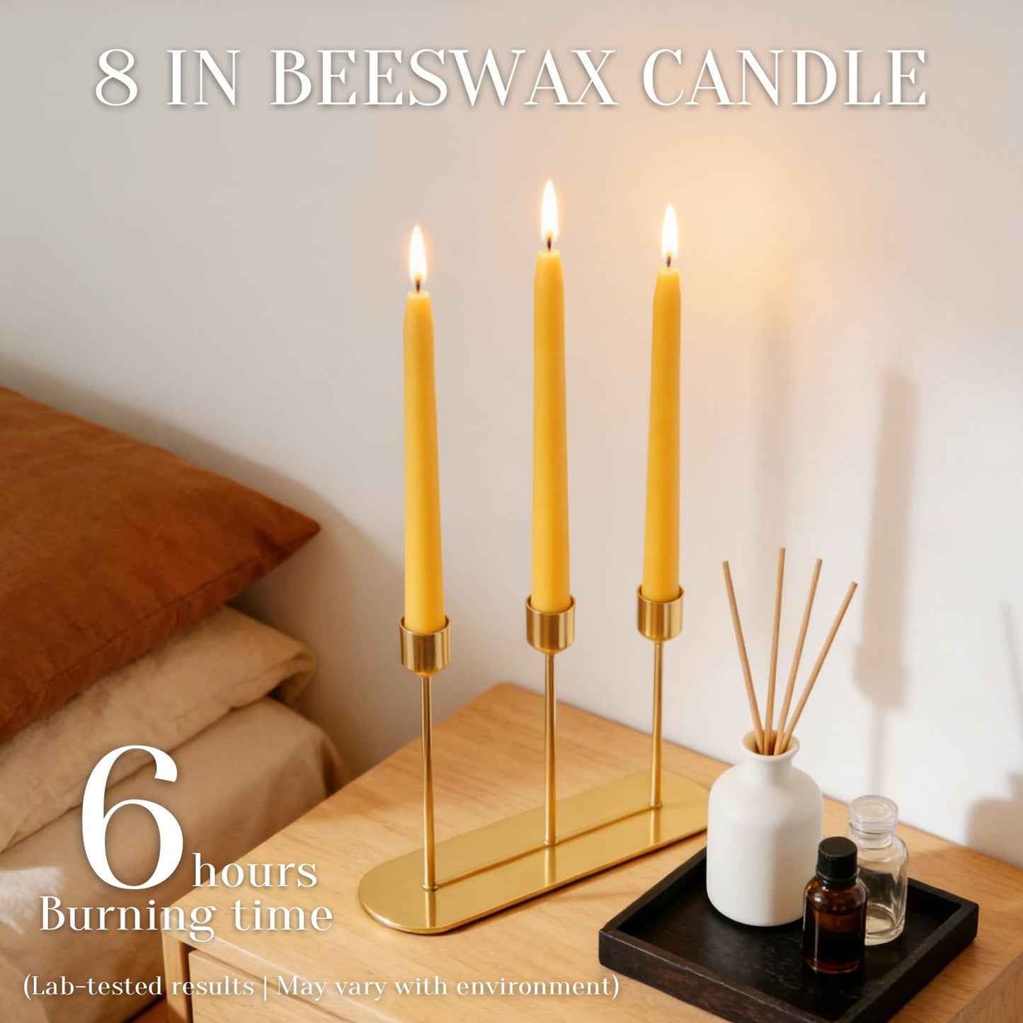 8 inch Beeswax Taper Candles 4 Pack - All Natural, 100% Pure Unscented Bee Wax Candle, Dripless, 5 Hours Burnning Time -Yellow
