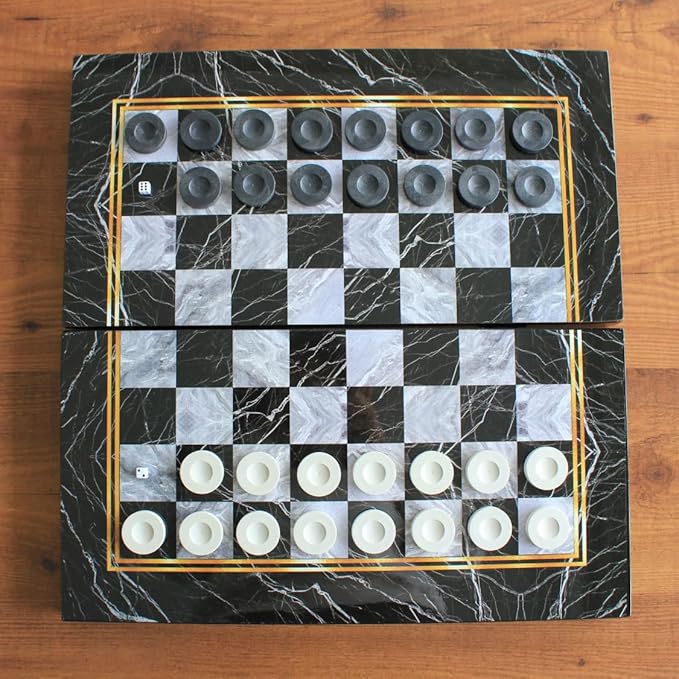 Park&ampOz Premium Turkish Backgammon and Checkers Set 19 Inch Handmade 2 in 1 Wooden Board Game with Glossy Finish Luxury Checkers and Dice Travel Friendly and Foldable (Black Marble)