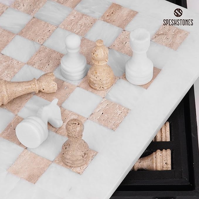 Marble Chess Set 15 Inch Handmade White &amp Travertine Luxury Board Games for Adults Elegant Table top Board Game Travel Chess Pieces &amp Storage Box for Gifts &amp Home Decor