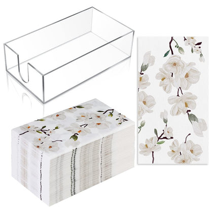 Outus 100 Pcs Floral White Magnolia Paper Guest Towels 2 Ply with Acrylic Napkin Holder, Disposable Decorative Paper Towels 4.3 x 7.8 Inches Hand Napkins with Tray for Bathroom Powder Room