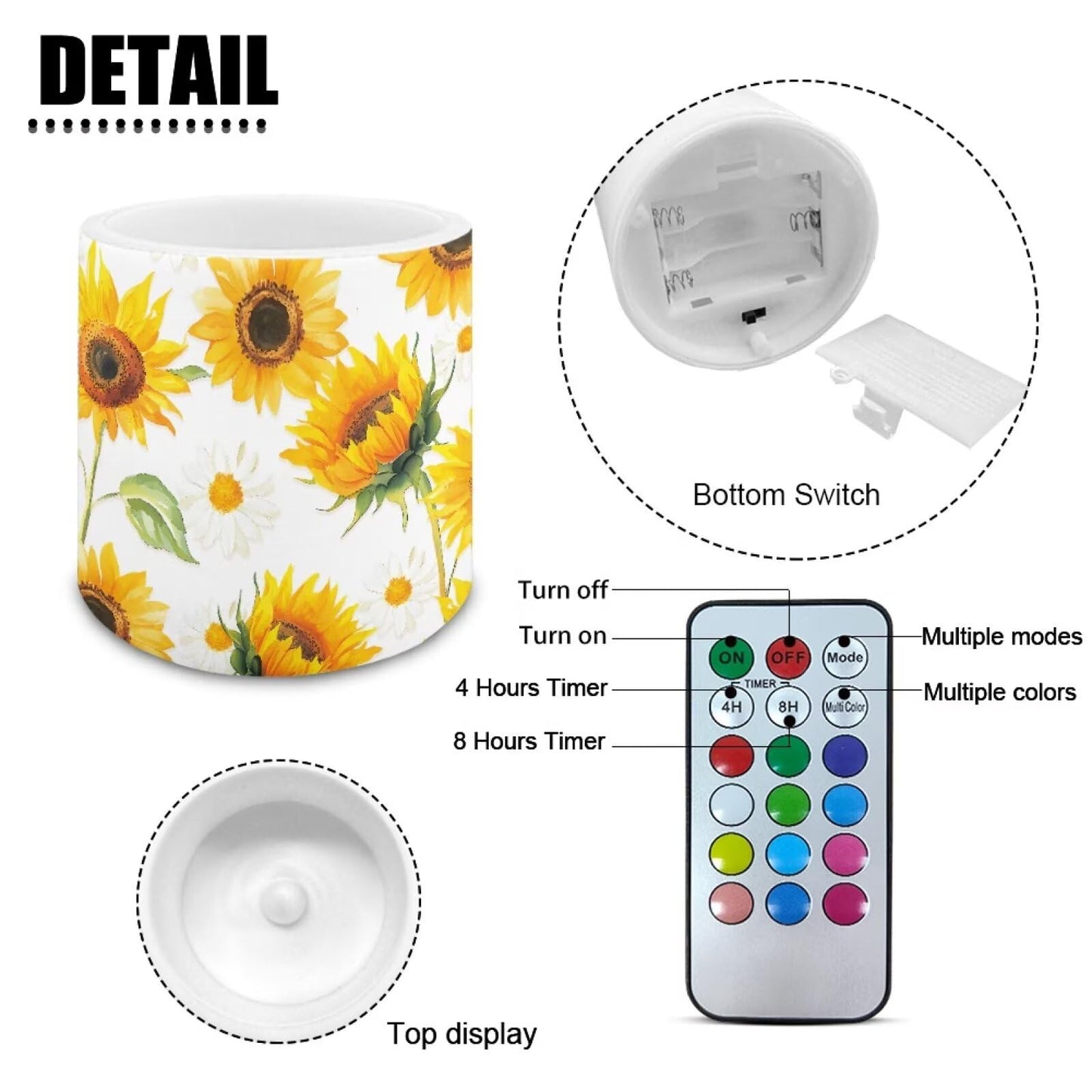 NETILGEN 3 inch Flickering Color Changing LED Candles Set of 4 Flameless Eletric Pillar Candles with Remote Timer Control Home Party Decor Yellow Sunflower Print