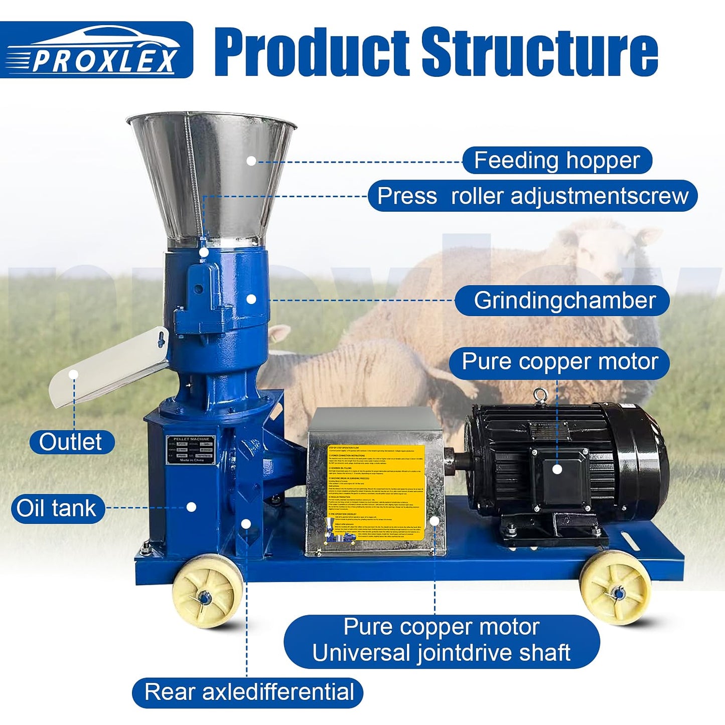 ProXlex 220V Pellet Feed Machine Animal Feed with 6 Grinding Discs 2.5/3/4/5/6/8mm 4 Head Rollers Feed Pellet Maker Mill Machine for Poultry Livestock Farm Animal 5.5KW 507 lb/h