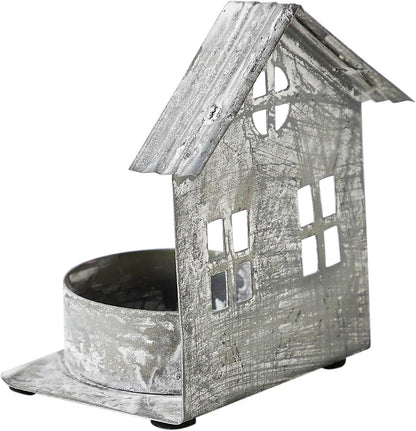 Antique Grey Metal Village House Tealight Holder - 3.25x2.75x2 Inch Decorative Accent