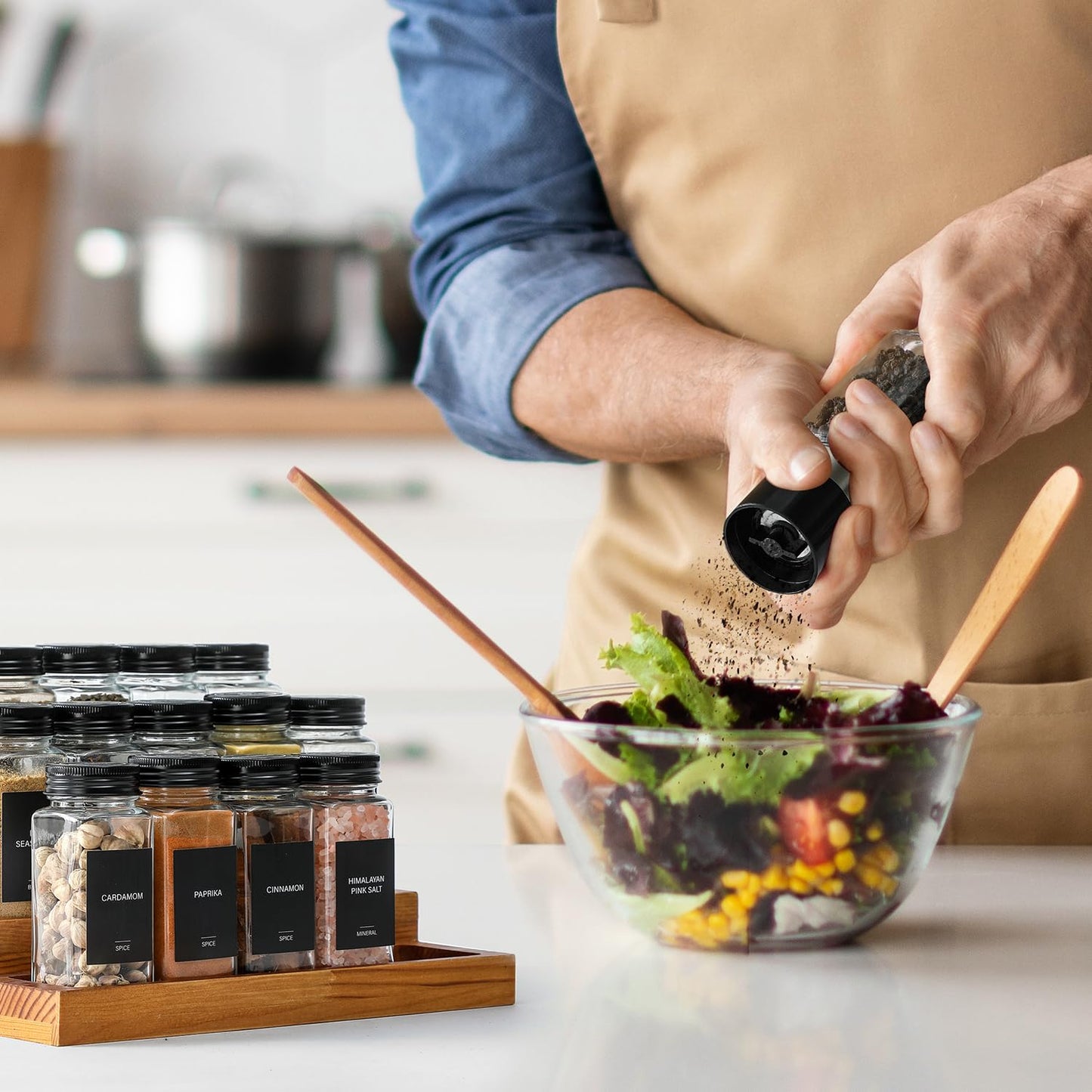 AOZITA 14 Pcs Glass Spice Jars with Spice Labels - 4oz Empty Square Spice Bottles - Shaker Lids and Airtight Metal Caps - Chalk Marker and Silicone Collapsible Funnel Included