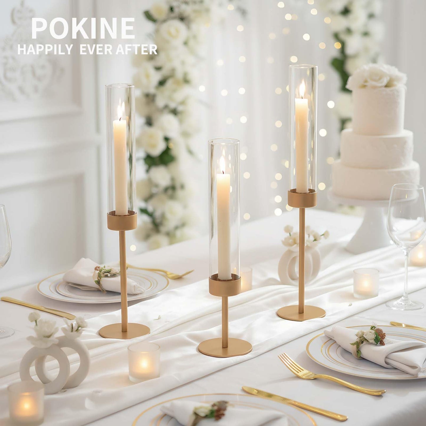 POKINE Set of 6 Gold Candle Holders, Tall Hurricane Candlestick Holders with Glass for Taper and Pillar Candles, Home Decor for Wedding, Christmas, Party, Anniversary, Dining Table