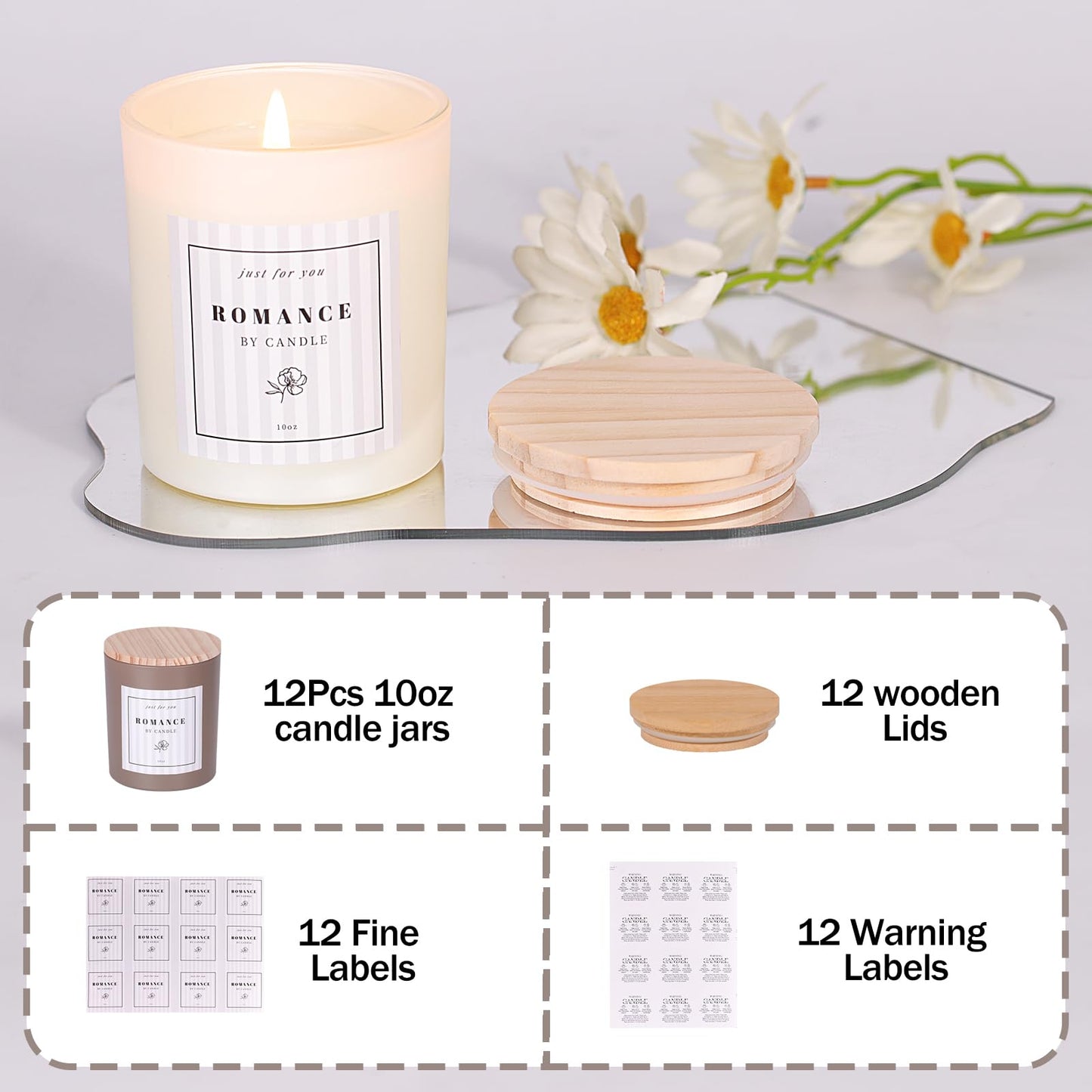 REISEN 12Pcs Assorted Black Candle Jars for Making Candles, 10oz Empty Candle Jars with Bamboo Lids and Labels, Glass Jars for Candle Making Supplies, Candle Containers for DIY Gifts