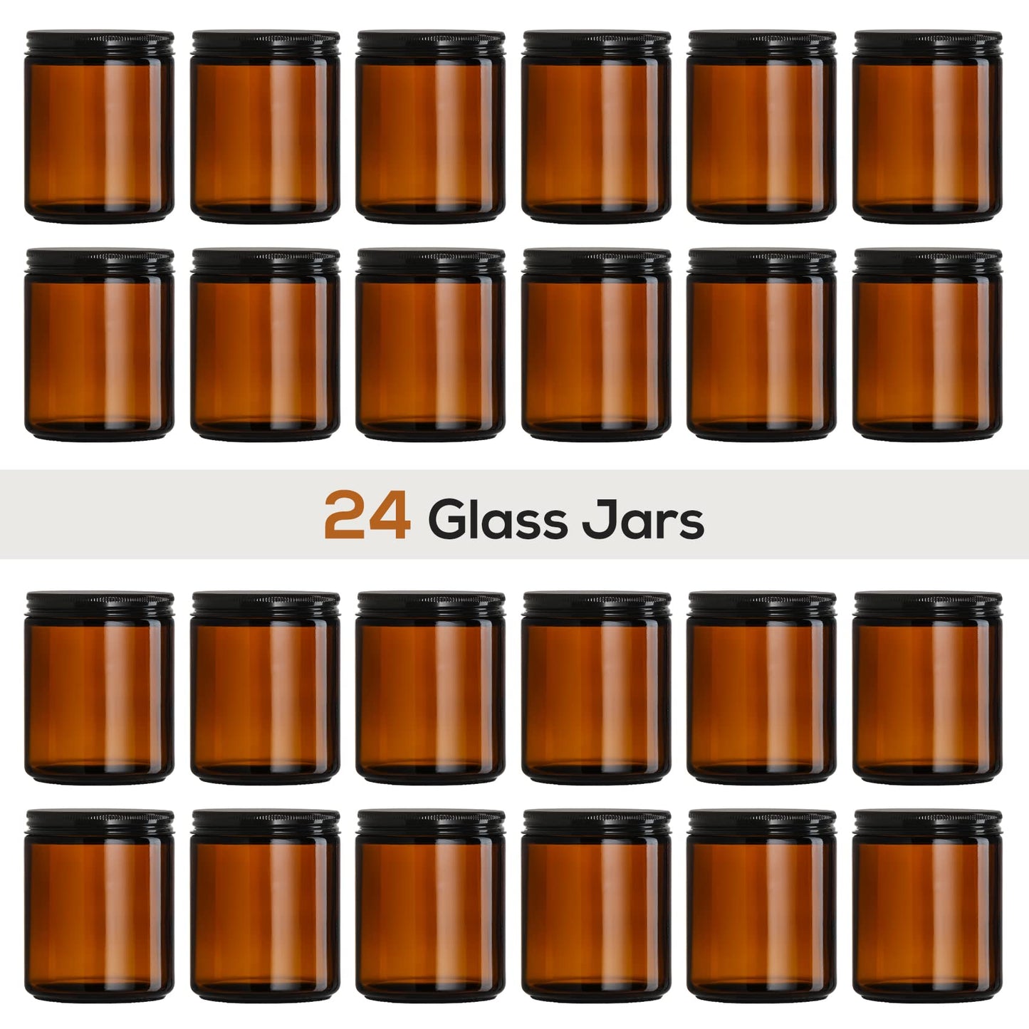 24 Pack, 8 OZ Thick Amber Candle Jars for Making Candle - Round Glass Jars with Lids - Empty Food Storage Containers, Canning/Mason Jar For Spice, Powder, Liquid, Sample - Leakproof & Food Grade