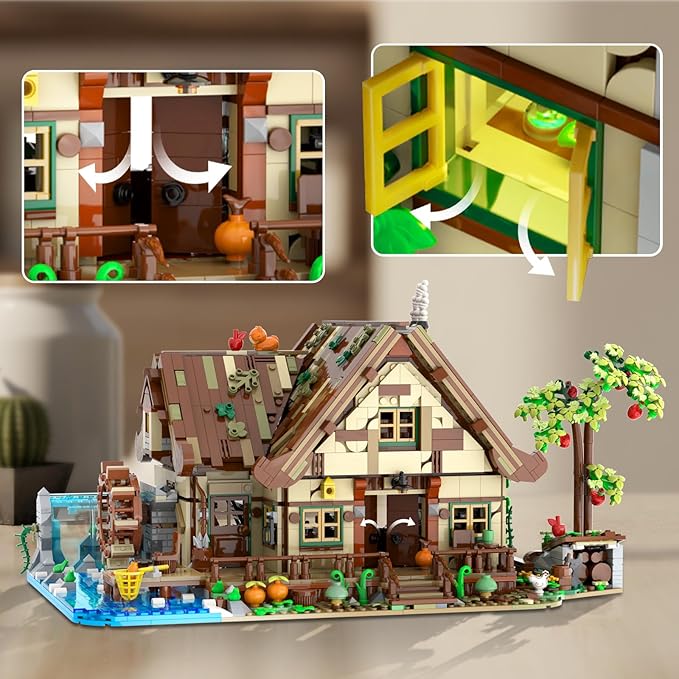 Wood Cabin Building Set with Light 2570 PCS Wooden Forest House Mini Building Block Toy with Waterwheel Pond Animals Big House Construction Model for Adults Teens Kids Boys Girls 10-12+