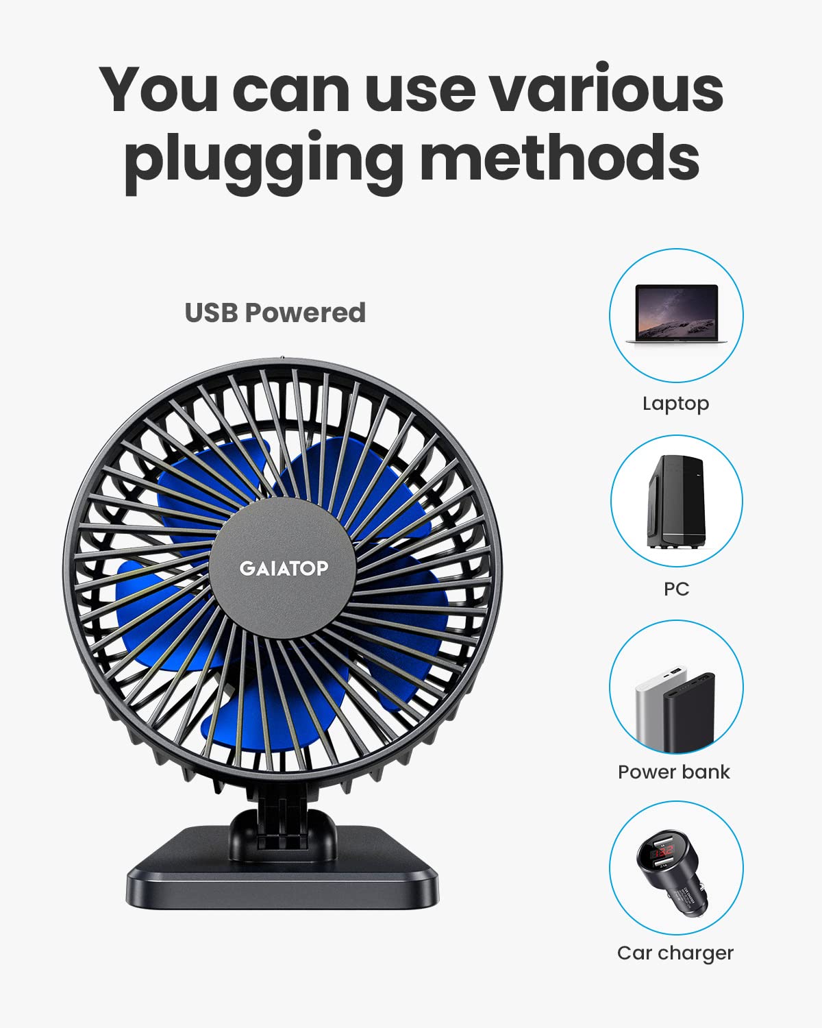 Gaiatop USB Desk Fan, Small But Powerful, Personal Portable Quiet 3 Speeds, Adjustable Mini Table Desktop fan for Cooling Home Office Car Summer Travel Gifts Blue