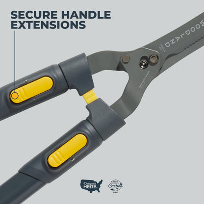Woodland Tools Heavy Duty Extendable Hedge Shears, 25 to 32 Inch Telescoping Hedge Clippers with 10 Inch Lever-Assist Blades and Non Stick Coating, Manual Trimmer for Bushes and Shrubs