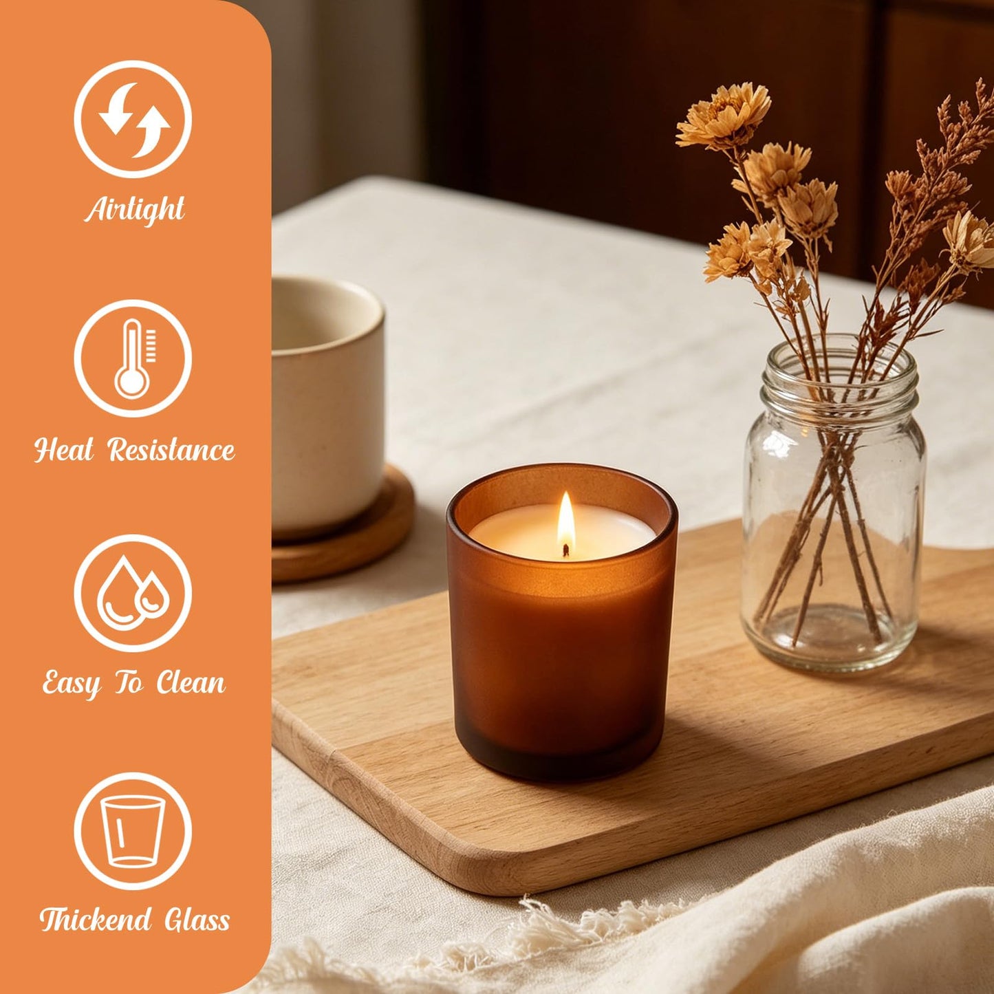 SUPMIND 15 Pack Candle Glass Jars- 7oz Frosted Amber Empty Candle Containers with Bamboo Lids, Matte Brown Jars in Bulk for Making Candles- 7 fl.oz