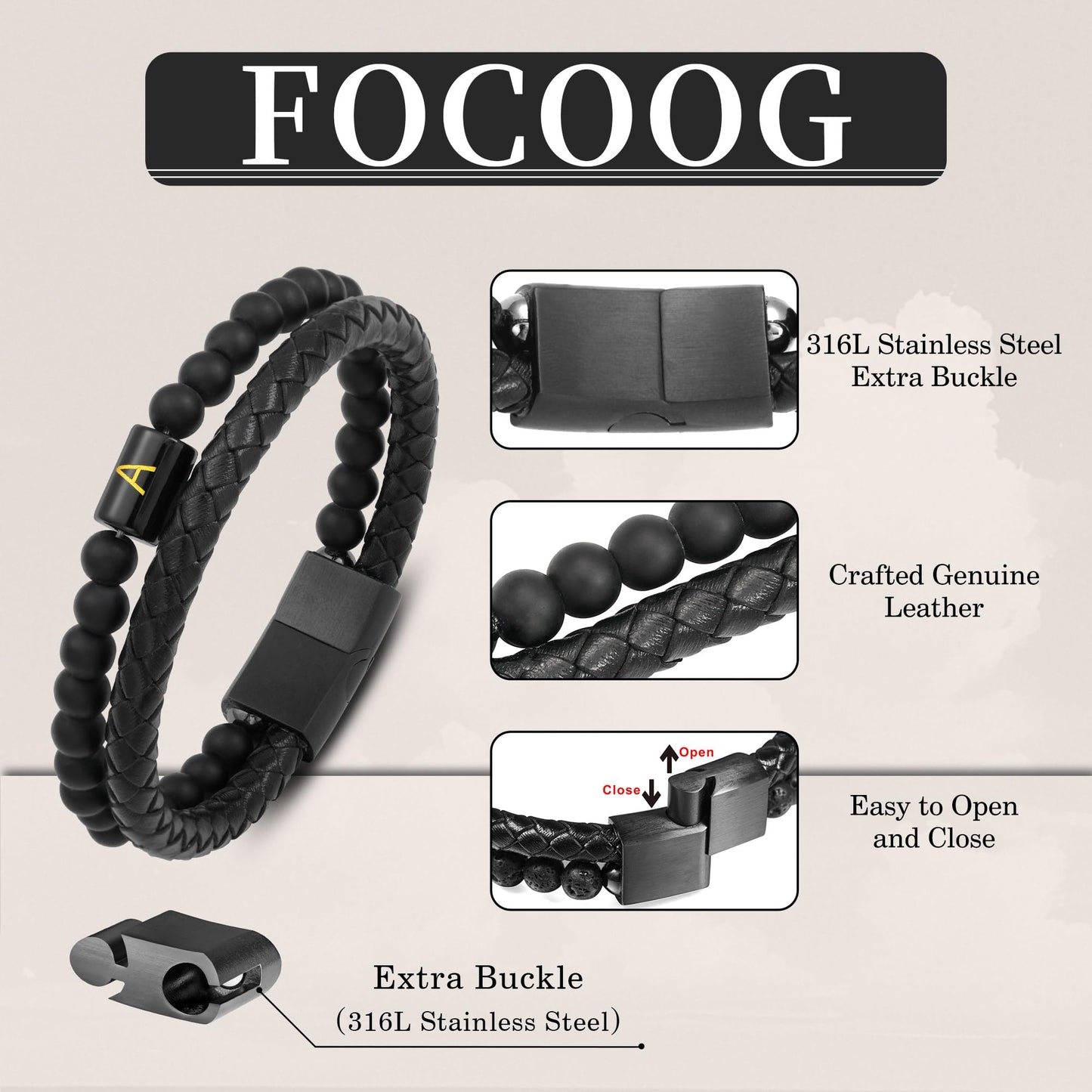 Leather Bracelets for Men with Initial - Men Gifts Matte Agate Bead Magnetic Clasp Gift for Dad Black Mens Leather Bracelets Men's Initial F Bracelet for Men's Jewelry Mens Gifts for Dad Husband