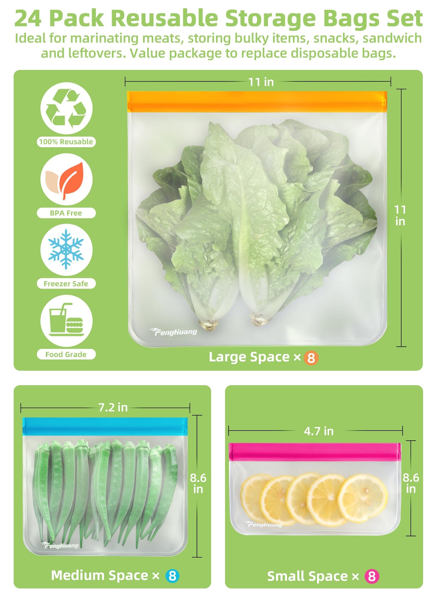 24 Reusable Food Storage Bags, Freezer Bags with Pack BPA FREE (8 Reusable Gallon Bags+8 Leakproof Reusable Sandwich Bags+8 Food Grade Snack Bags) EXTRA THICK Reusbale Lunch Bag for Salad Fruit