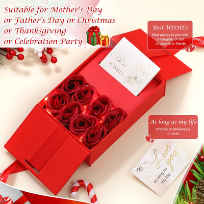 Resholder Money Pull Box for Cash Gift Birthday Money Pull out Gifts with 8 Rose 2 Greeting Card 1 Light String for Mom Husband Wife Anniversary Christmas(Red)