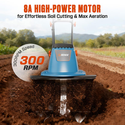 SENIX Electric Corded Garden Tiller & Cultivator, Steel Tines, 8 Amp, 12″ Till Width,8″ Till Width 3-Position Wheel Adjustment-Heavy Duty Gardening Machine Equipment for Lawn, Yard, & Grass