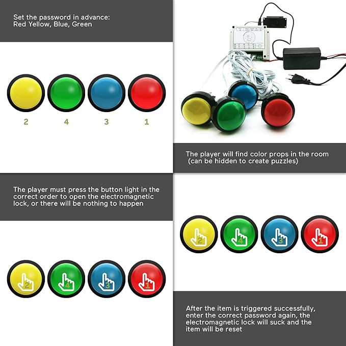 Escape Room Props 5 Colors Buttons Mechanism Press It In Order To Control 12V Magnet Lock For Exit Game Owner Player Adventurer (8 Buttons No Audio)