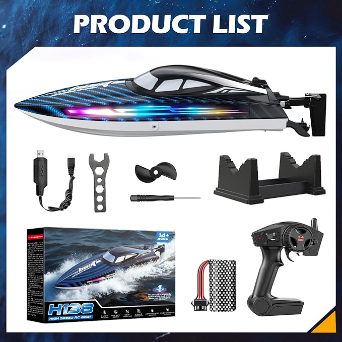30KMH RC Remote Control Boat with 7 LED Light Modes Waterproof Electric Fast Speed Boat for Adults Kids 8-12 Lake Pool Water PlaySelf-rightingDemoWater Cooling20MinsLow Battery Alert2.4GhzBlue