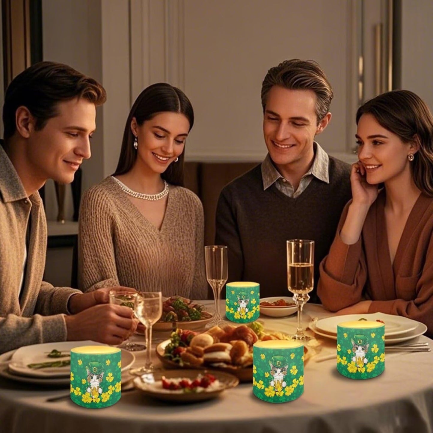Merkmak 4 Pack Cute Cat Flameless Candles with Timers Flickering Battery Operated LED Candles with Remote St Patrick's Day Shamrocks Tea Lights for Party, Banquet, Home Decoration