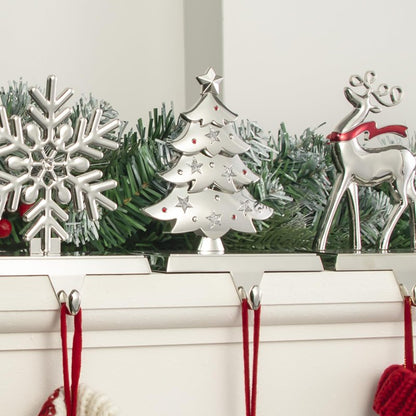 GUOER 4 Pack Snowflake Christmas Stocking Holder Set for Mantle Christmas Decorations Holiday Mantle Fireplace Topper - Snowflake Snowman Reindeer and Christmas Tree Hangers Decorative Metal Hanger