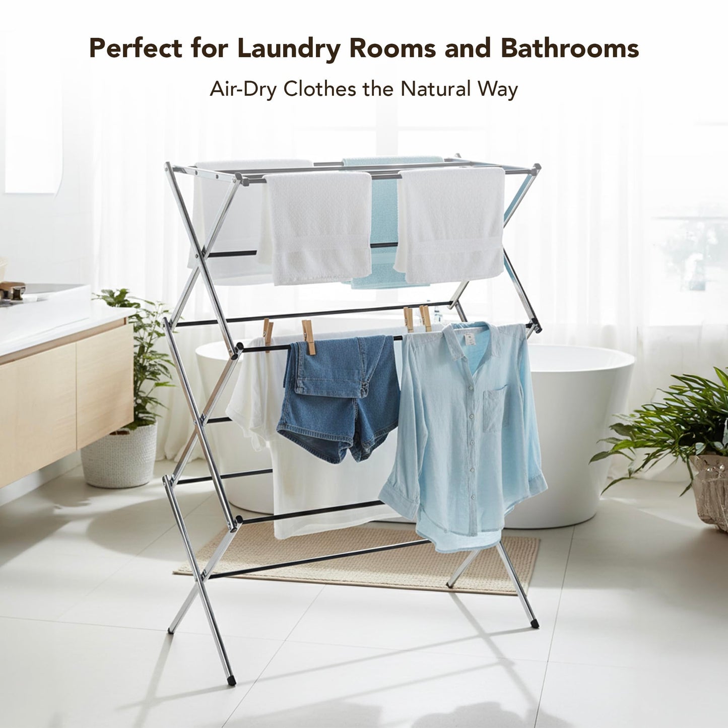 Displays By Jack Portable Collapsible Clothing Dryer Rack, Foldable Drying Rack for Clothes, Lingerie, Towels, Linens, Laundry Home Apartment Must Haves, Metal Chrome Finish