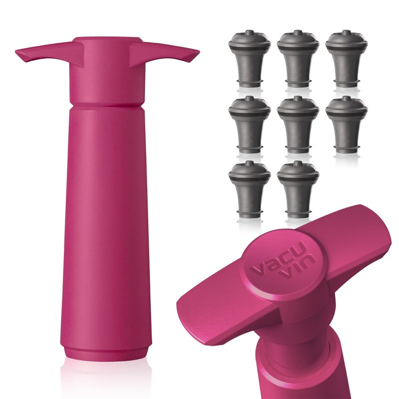Vacu Vin Wine Saver Pump Pink with Vacuum Wine Stopper - Keep Your Wine Fresh for up to 10 Days - 1 Pump 8 Stoppers - Reusable - Made in the Netherlands