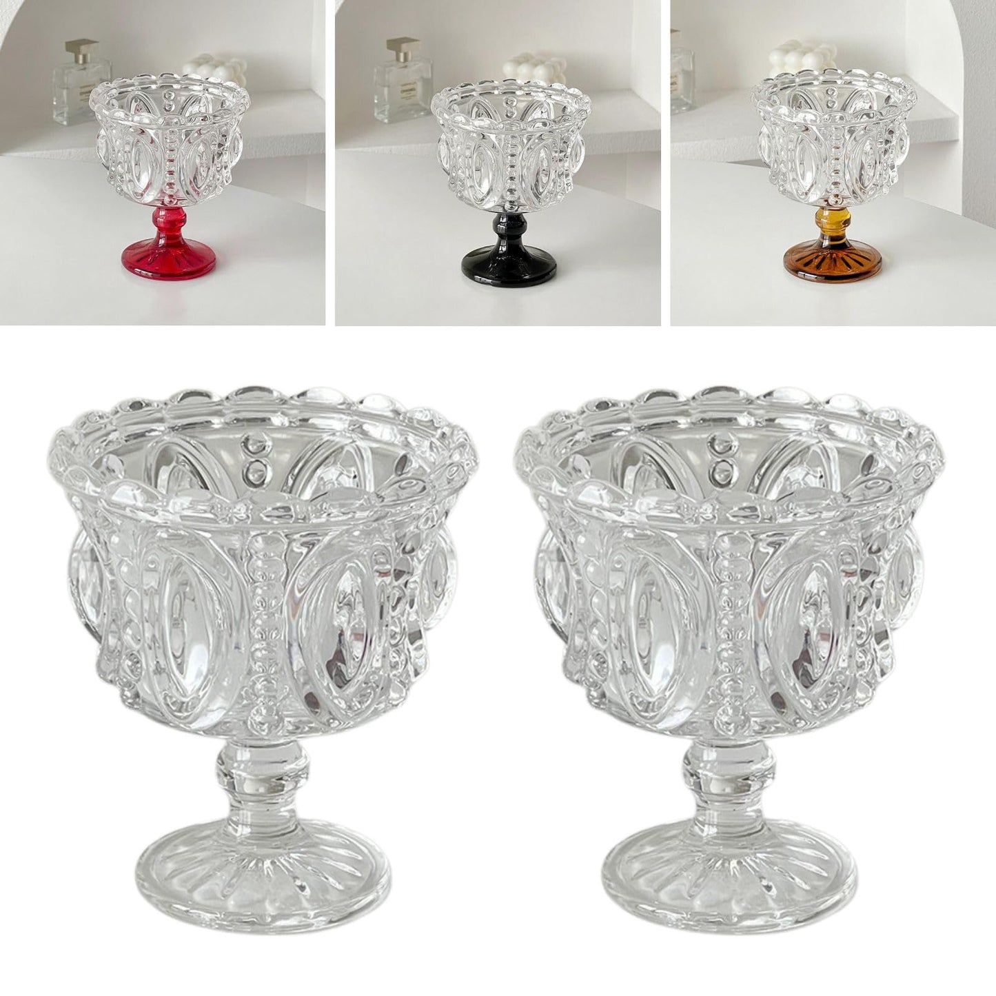 Boxonly Clear Crystal Dessert Goblet Set of 2 - Vintage Style 250ml Embossed Glass, 4.7"x3.9" / 12cmx10cm Footed Cups for Ice Cream & Sweets