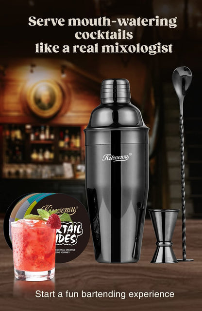 KITESSENSU Cocktail Shaker Set, Stainless Steel Martini Shaker with Bartender Strainer, Measuring Jigger, Bar Mixing Spoon, Cocktail Recipe Included, Pink