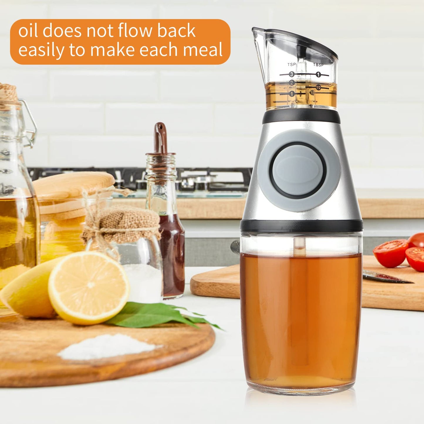 erduoduo Glass Oil Bottle, 8.5 Oz Wide Mouth Kitchen Oil Dispenser with Measuring, for Cooking, Baking, Frying, Salads, BBQ, Picnics