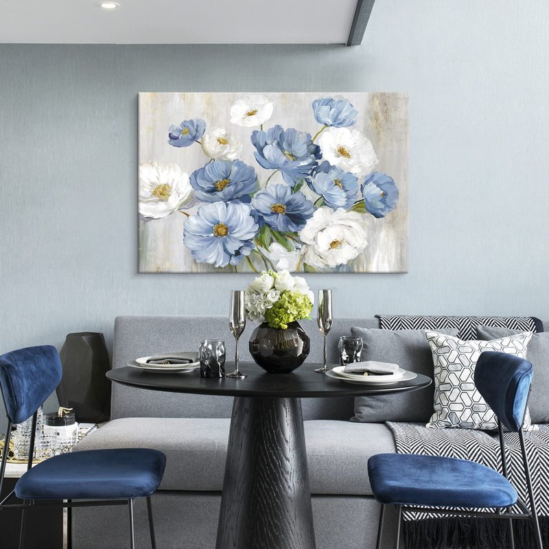 Goldfoilart Blue Flower Wall Art Light Blue and White Floral Canvas Print, 36"x24" Large Modern Flower Picture for Living Room Bedroom Bathroom Home Decor