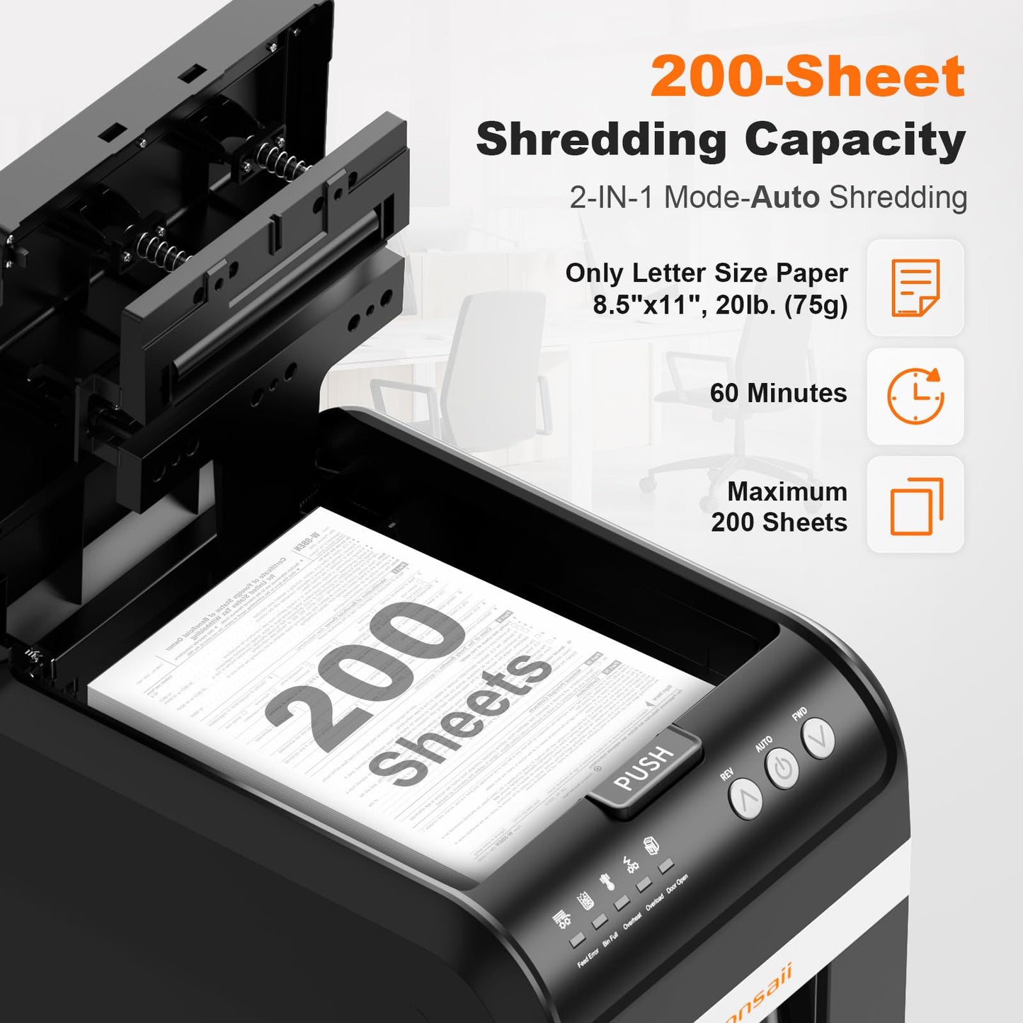 Bonsaii Paper Shredder Heavy Duty, 200-Sheet Auto Feed Micro-Cut 60 Minutes Nonstop P-4 High Security Shredders, 8.1 Gallon Large Bin Document Shredder for Office, Commercial Grade Shredder (C283-A)