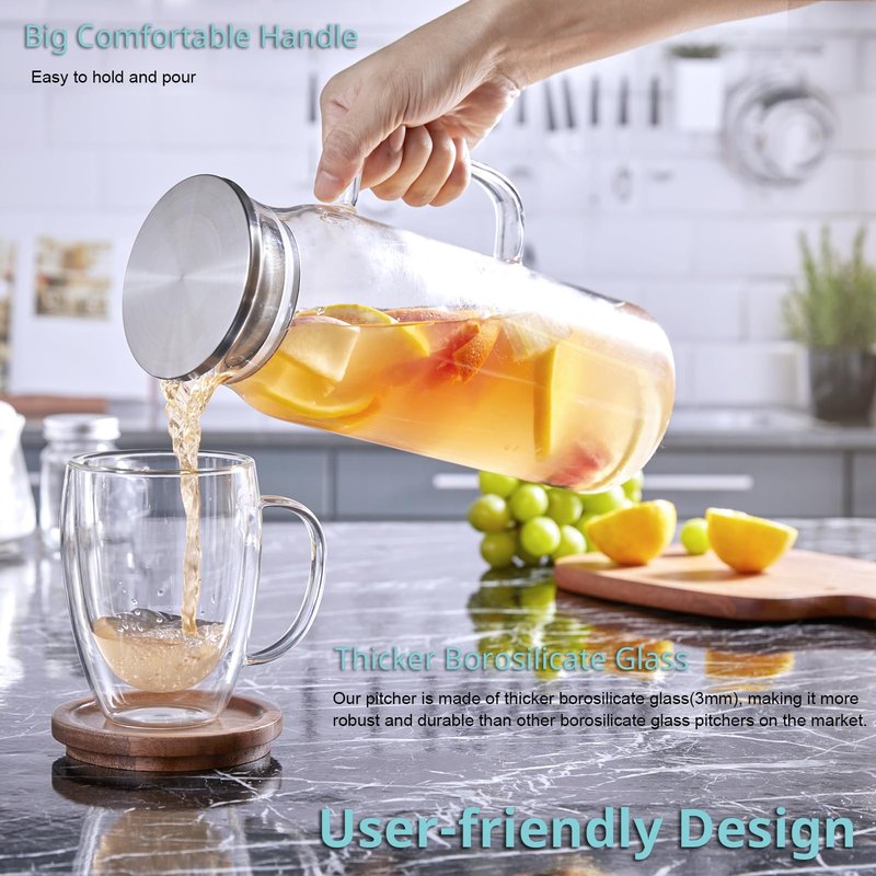 Bivvclaz 1.6 Liter 54 oz Glass Pitcher with Lid and Handle, Glass Carafe Water Pitcher for Hot/Cold Water, Iced Tea, Drinks, Coffee, Juice and Homemade Beverage