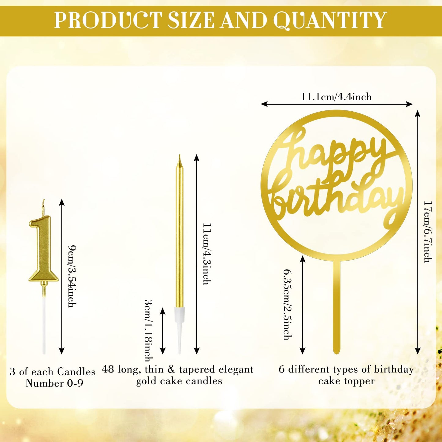 Shihanee 84 Pcs Birthday Cake Toppers Decorations Long Thin Metallic Birthday Candles Bulk Number Candles 0-9 DIY Cake Decor for Wedding Anniversary Party(Gold)