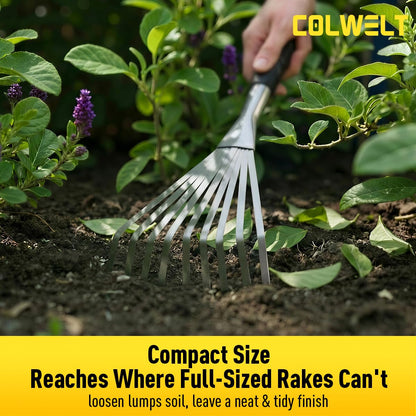 Colwelt Hand Rake 16.5", Small Rake for Gardening with 9 Resilient Flat Tines, Metal Mini Rake with Hanging Hole for Storage, Hand Fan Rake for Leaves, Loosening Soil, Spreading Mulch, Flower Beds