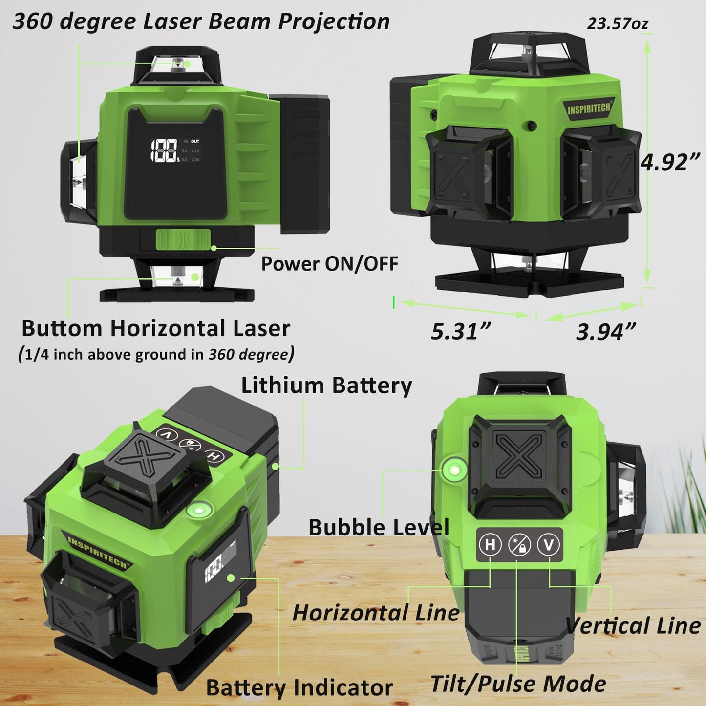INSPIRITECH Laser Level 360 Self Leveling for Tiling Floor Wall Ceiling Construction, 4x360 Horizontal Vertical Cross Line Multi Surface Lazer Alignment, 4D Green Beam Laser Level for Picture Hanging