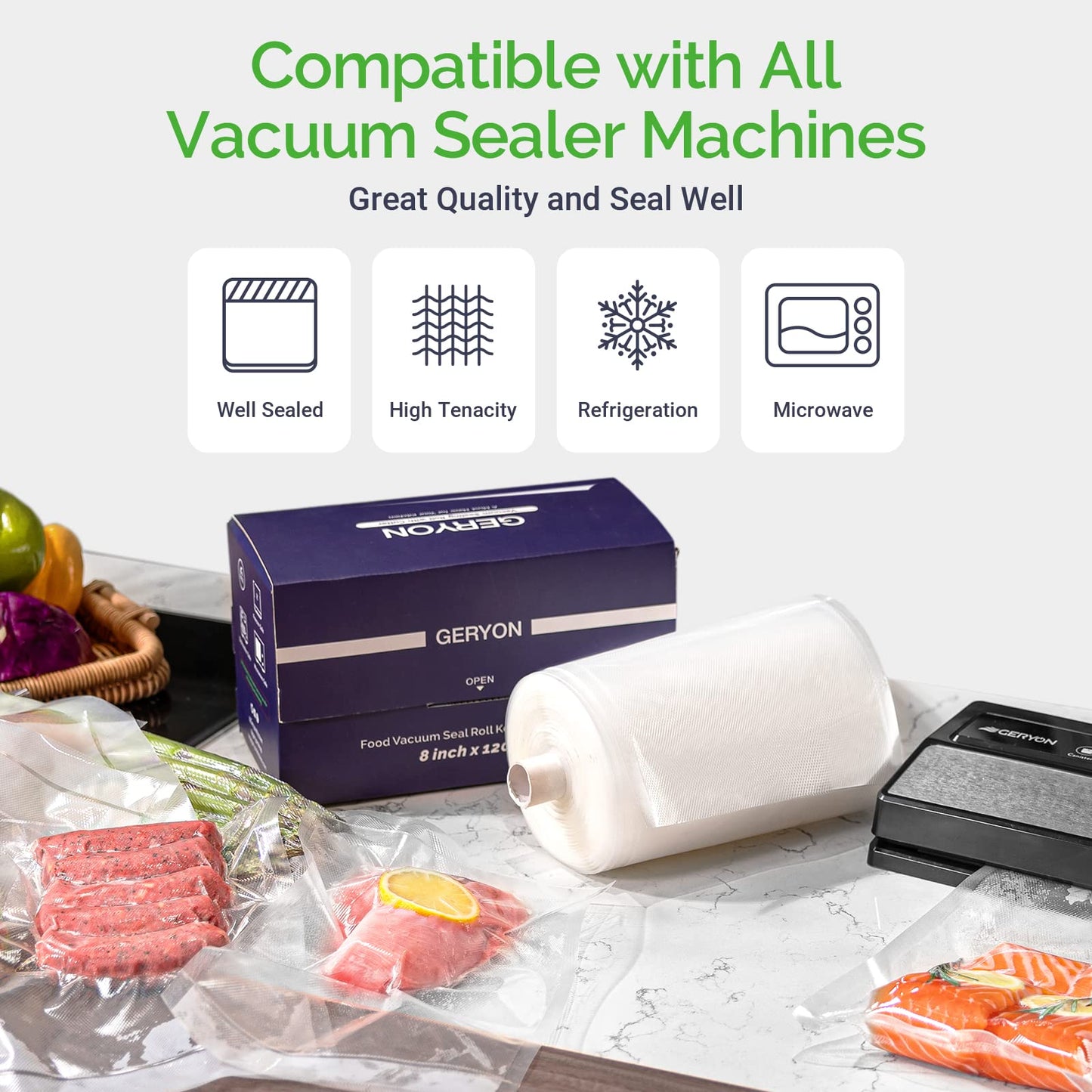 GERYON Vacuum Sealer Bags for All Food Vacuum Sealer Machine, 2 Pack 8" x 16' Vac Sealer Rolls, Commercial Grade BPA-Free Material for Sous Vide & Saver Storage