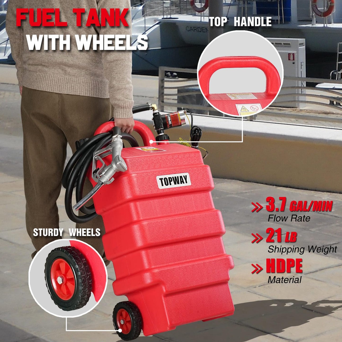 TOPWAY 16 Gallon Portable Fuel Gas Tank Container Caddy with 12V DC Electric Gasoline Diesel Fuel Self-priming Transfer Pump for Cars, Lawn Mowers, ATVs, Boats & More