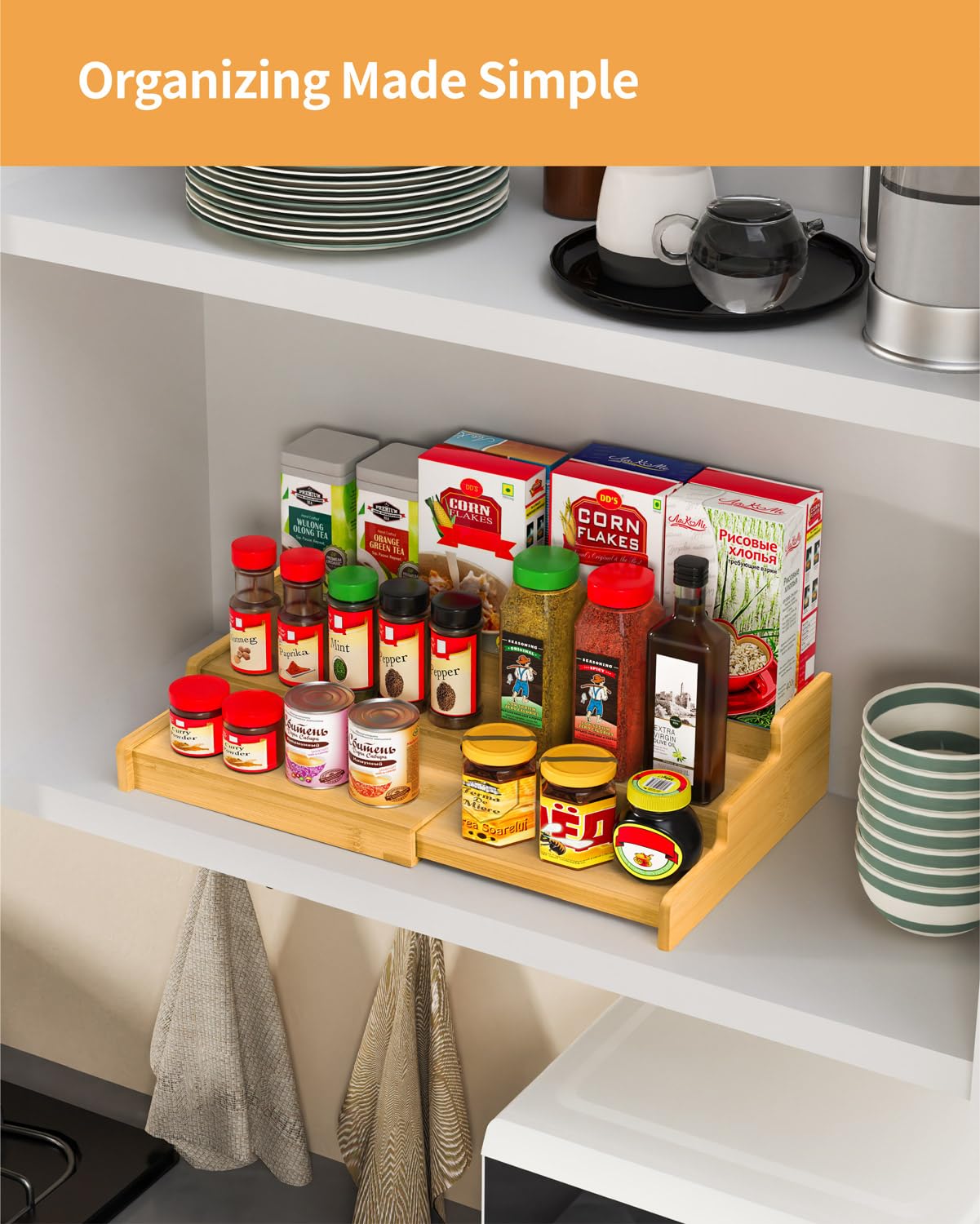 Spice Rack Organizer, 3 Tier Expandable Bamboo Spice Rack Organizer, Great for Kitchen Cabinet, Cupboard, Pantry and More-Bamboo
