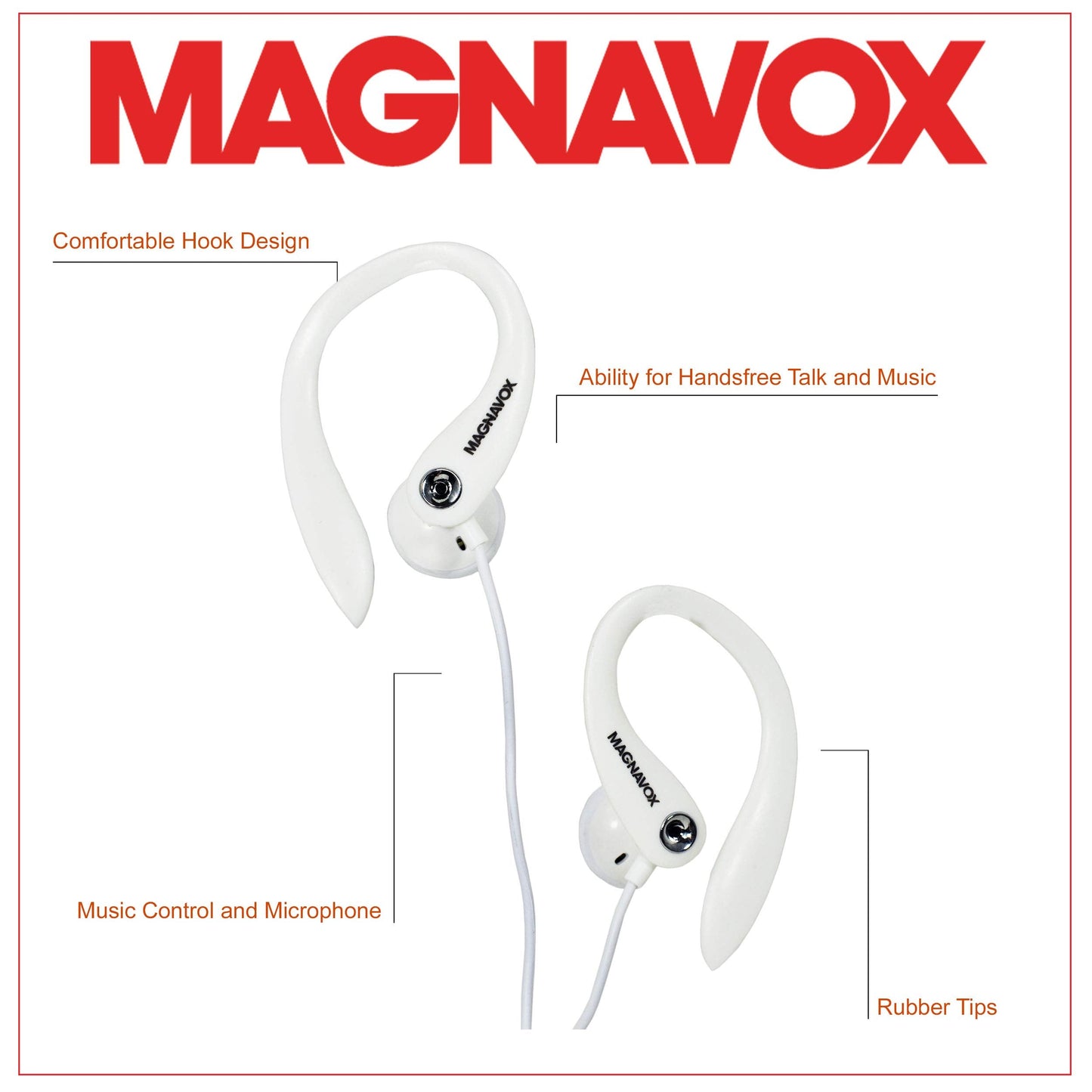 Magnavox MHP4854-WH Earhook Earbuds with Microphone - Available in Black & White - Durable Rubberized Cable